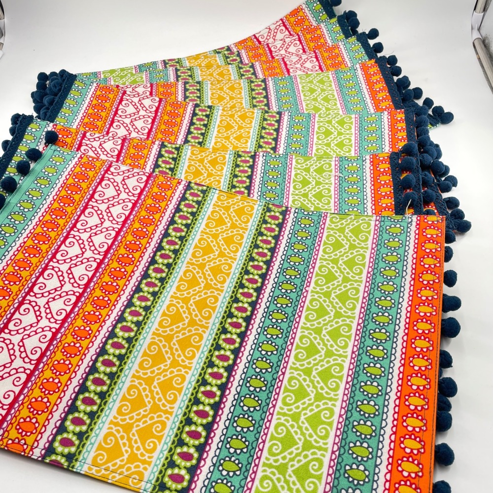 Global Influence Sari Stripe Placemats Set x7 Boho Urban Vibrant Pom Pom Unused